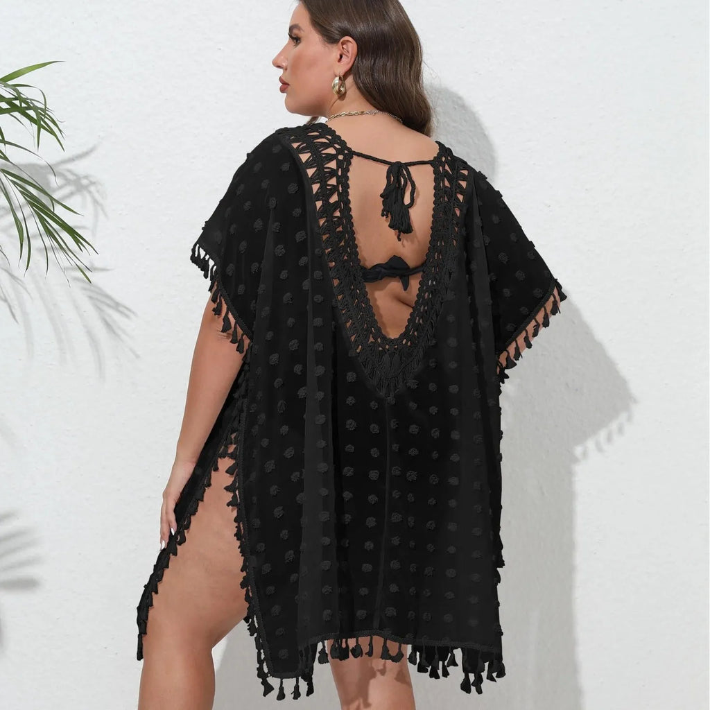 Three-dimensional chiffon V-neck see-through tassel patchwork beach dress in solid colour front view