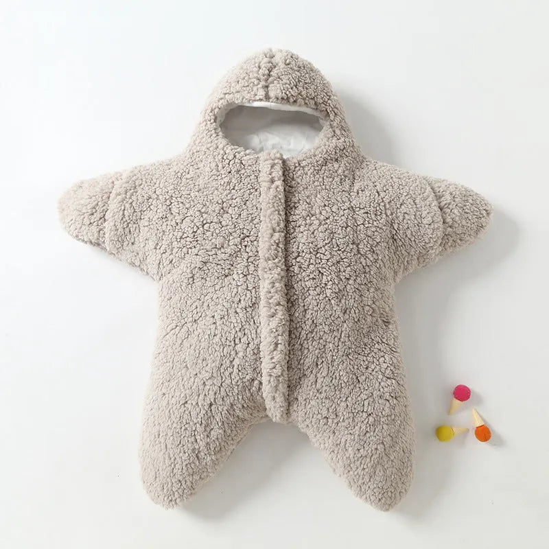 Lamb velvet baby sleeping bag with hood and zip in pink, grey, blue, or khaki colours