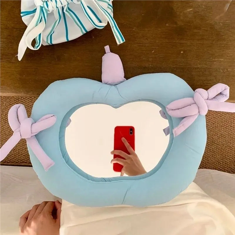 Korean-style decorative pillow mirror with fabric frame and aluminium reflective surface