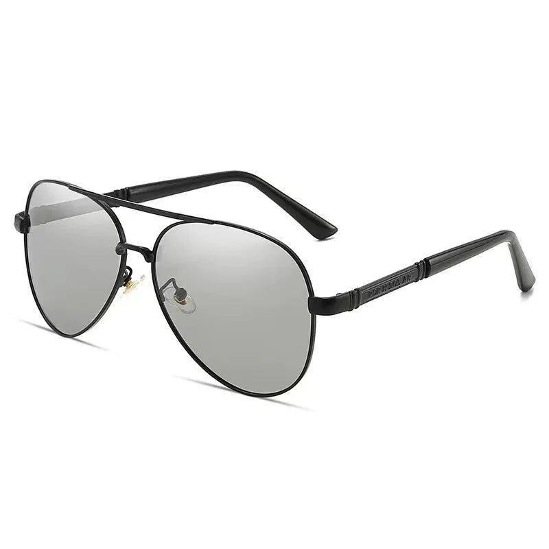Men's gold metal frame sunglasses with dragon decoration and dark grey polarised lenses
