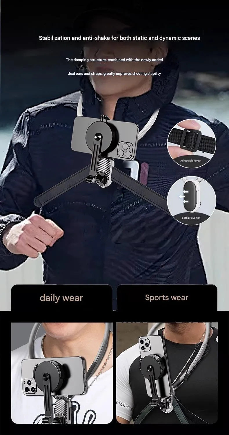 Magnetic neck strap mount with anti-shake for action camera and cell phone live streaming during cycling