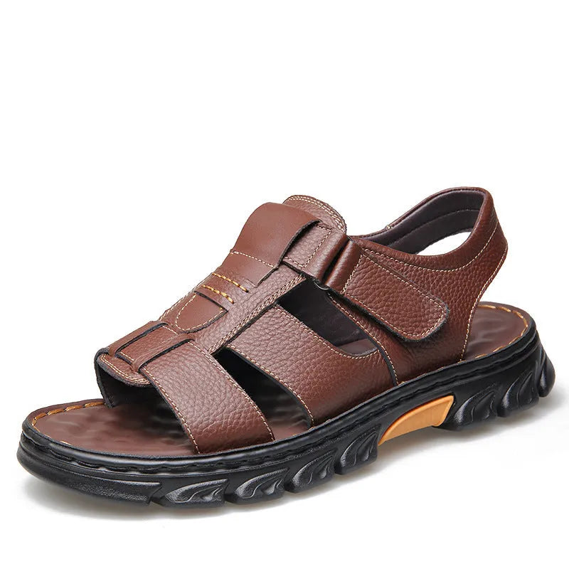 Men's dual-use sandals with first layer cowhide upper, velcro fastening, breathable open toe design in black and brown