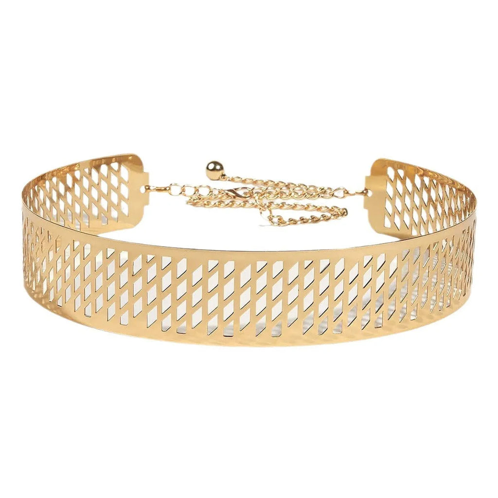 Golden thick waist belt with alloy buckle and iron ring detail, measuring 105cm long and 4.5cm wide.