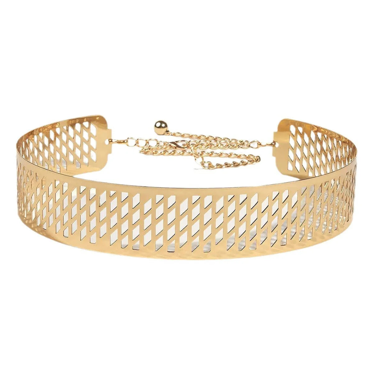 Golden thick waist belt with alloy buckle and iron ring detail, measuring 105cm long and 4.5cm wide.