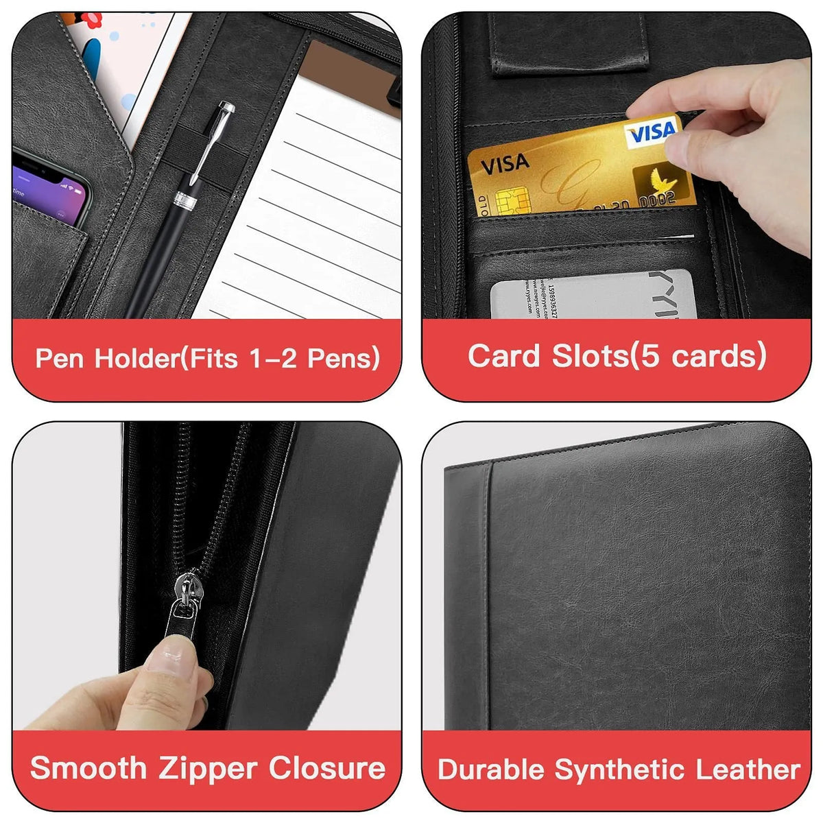Waterproof PU leather zipper buggy bag for loose-leaf planners in black with sewing thread details, 34x25.5x3cm