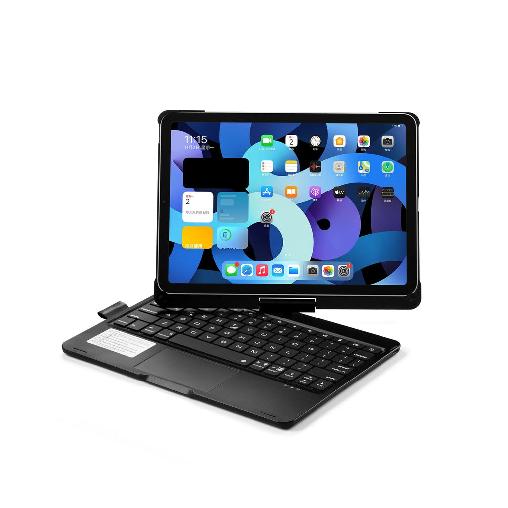 Black 360-degree rotating Bluetooth keyboard with backlit keys next to an iPad tablet.