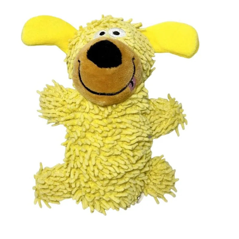 Squeaky plush dog toy in blue with cheerful dog shape and built-in squeaker
