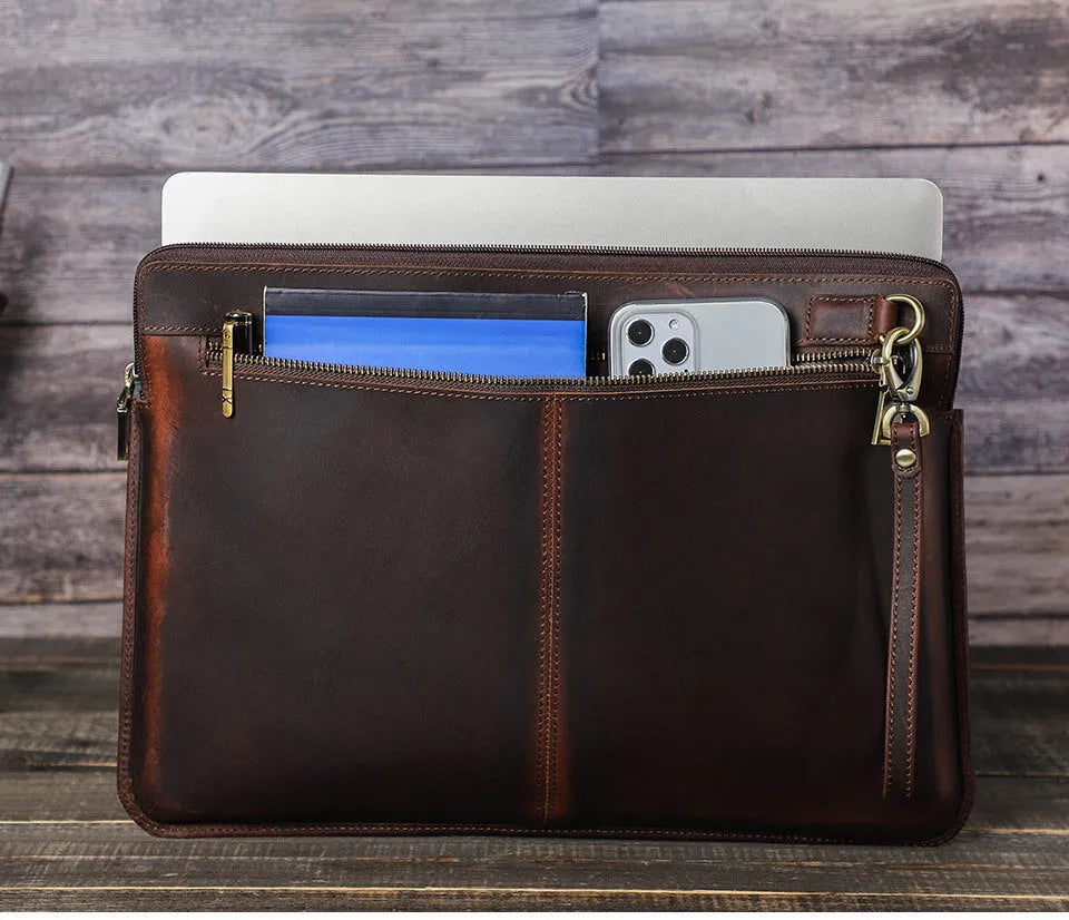Retro brown crazy horse leather zipper computer bag for MacBook Pro 15.4 and 16 inch