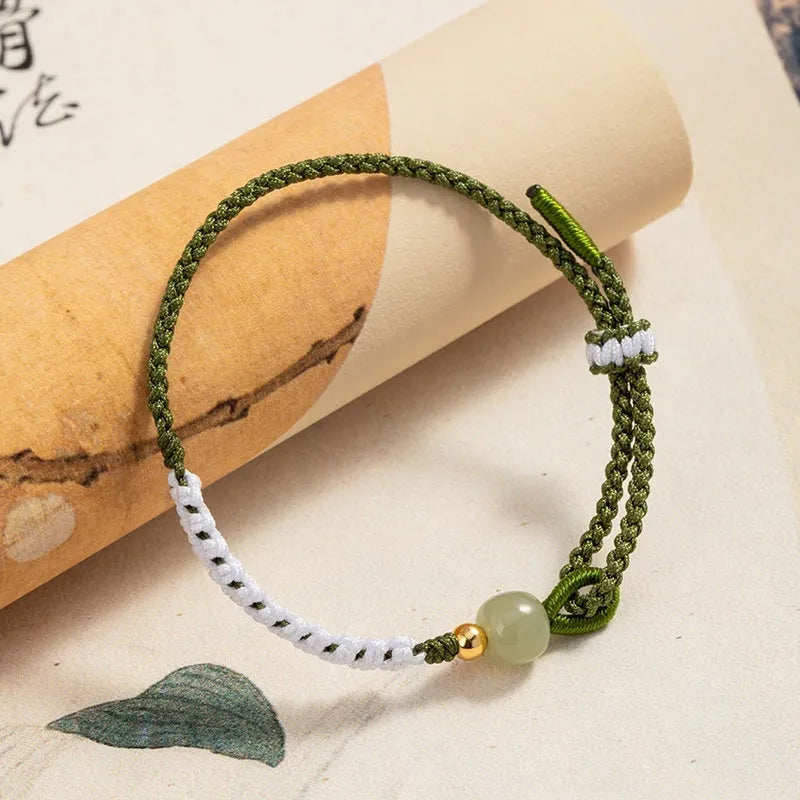 Sterling silver electroplated Hetian jade bracelet on adjustable cord strap