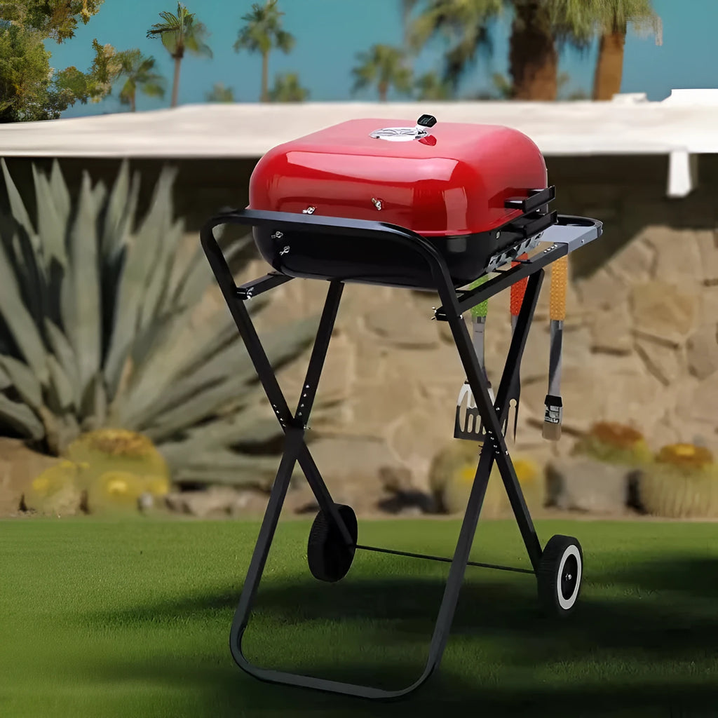 Outdoor courtyard barbecue grill with folding bicycle frame and 42.5x50cm grill plate