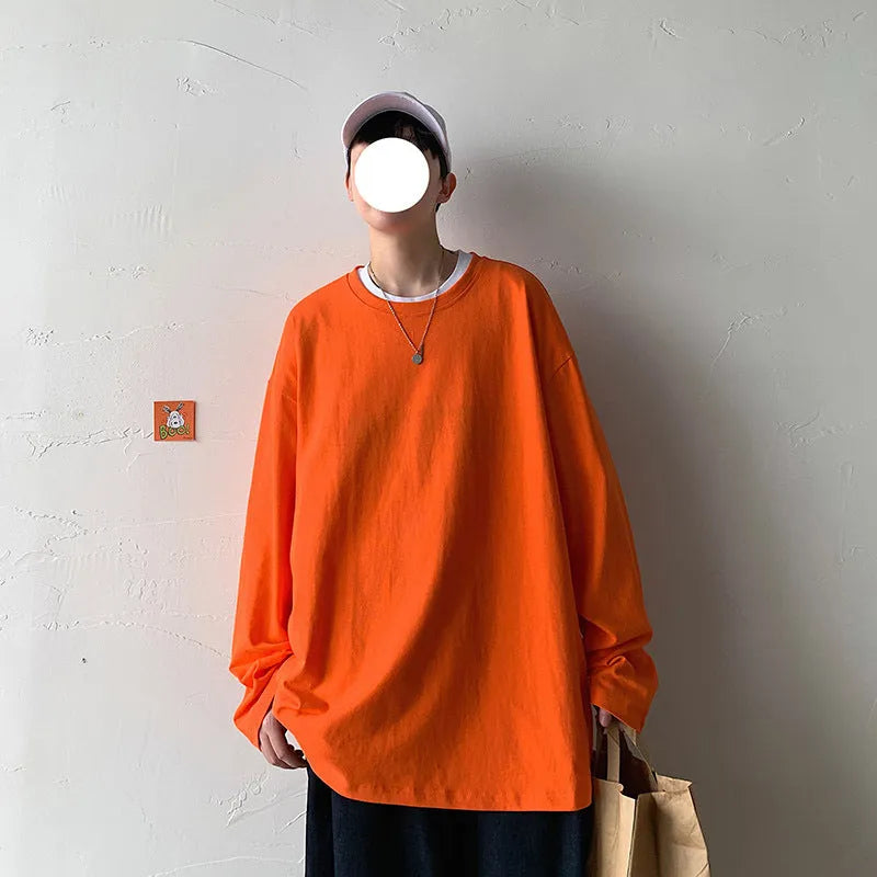 Men's pure cotton O-neck long sleeve t-shirt in loose fit, available in multiple colours