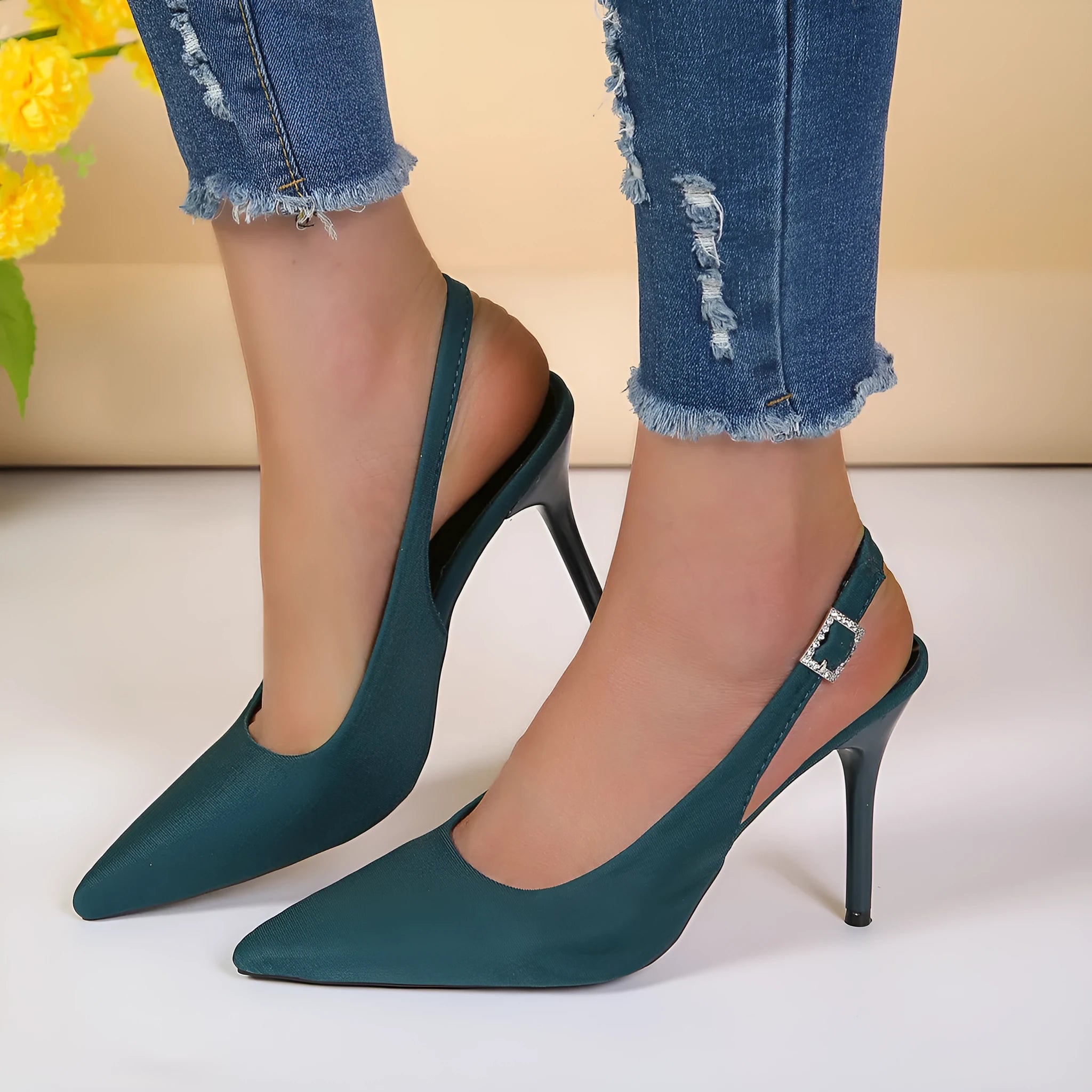 Women's pointed toe buckle sandals with stiletto heel, black PU upper, rubber sole