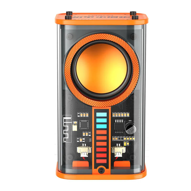 K07 transparent mecha wireless Bluetooth speaker with LED light patterns on a desk, black transparent finish