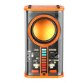 K07 transparent mecha wireless Bluetooth speaker with LED light patterns on a desk, black transparent finish