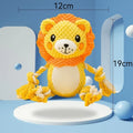 Lion and monkey plush squeaky dog toys showing dimensions: 9x12 cm and 17x13.5 cm