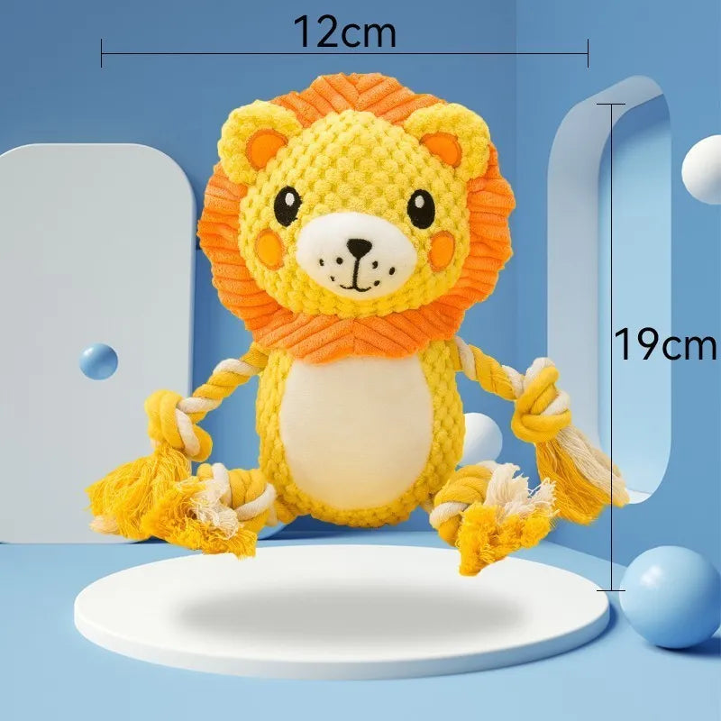 Lion and monkey plush squeaky dog toys showing dimensions: 9x12 cm and 17x13.5 cm
