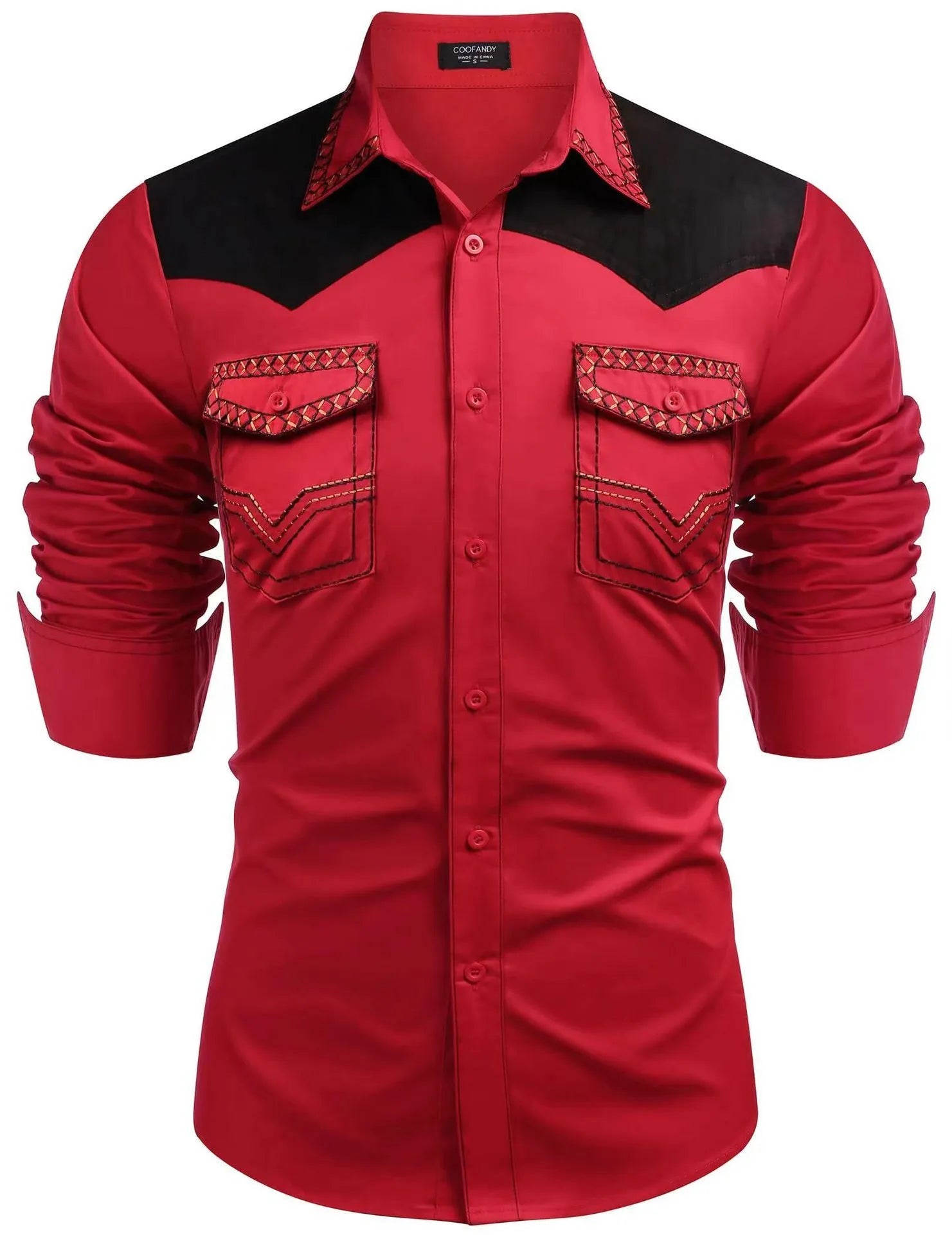 Western Denim Mid-length Tight Color Matching Men's Shirt in black, polyester cotton, long sleeve
