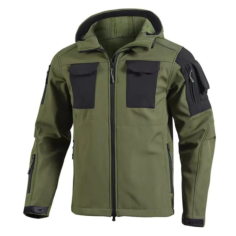 Fleece-lined soft shell jacket for adults, windproof and waterproof, hooded, in black grey or green