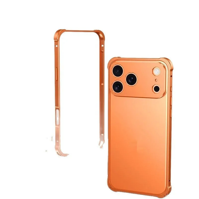 iPhone 17 alloy mobile phone case with metal corner frame and seahorse buckle in frosted finish