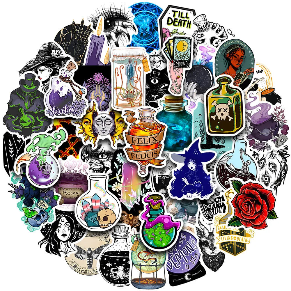 Pack of 50 glossy waterproof PVC stickers in various sizes from 3 to 8 cm for laptops and smooth surfaces.