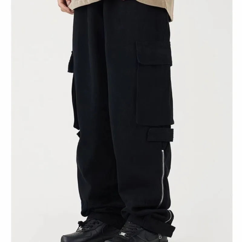 Men's cotton cargo pants in Black with multiple pockets and straight-leg design
