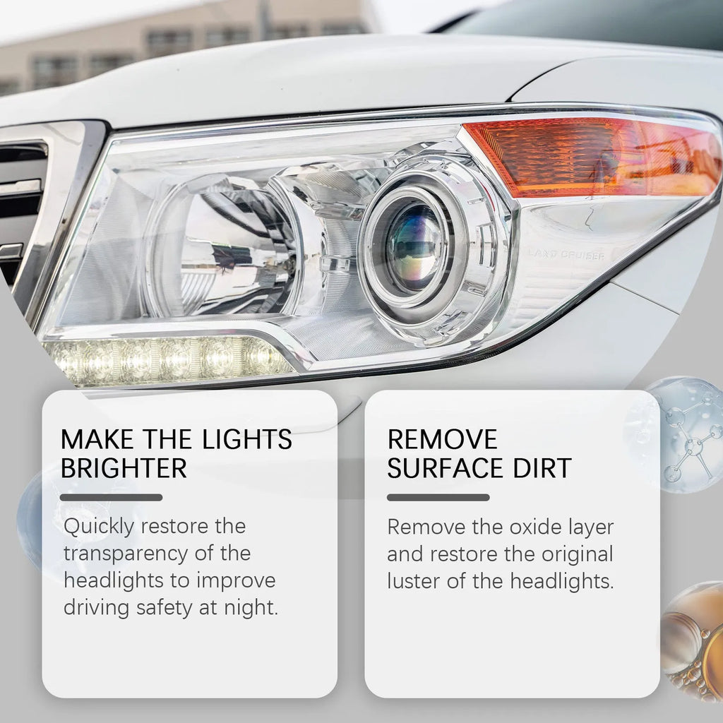 Car headlight repair polishing suit with 100ml care solution bottle and microfibre towel on a work surface