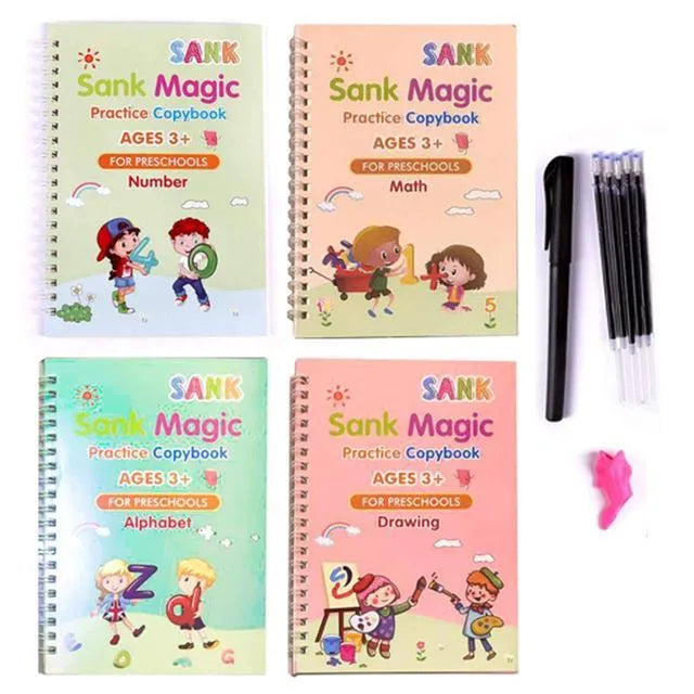 Children magic stylus calligraphy set with four slotted groove copybooks, pen, and refills in white on wooden table