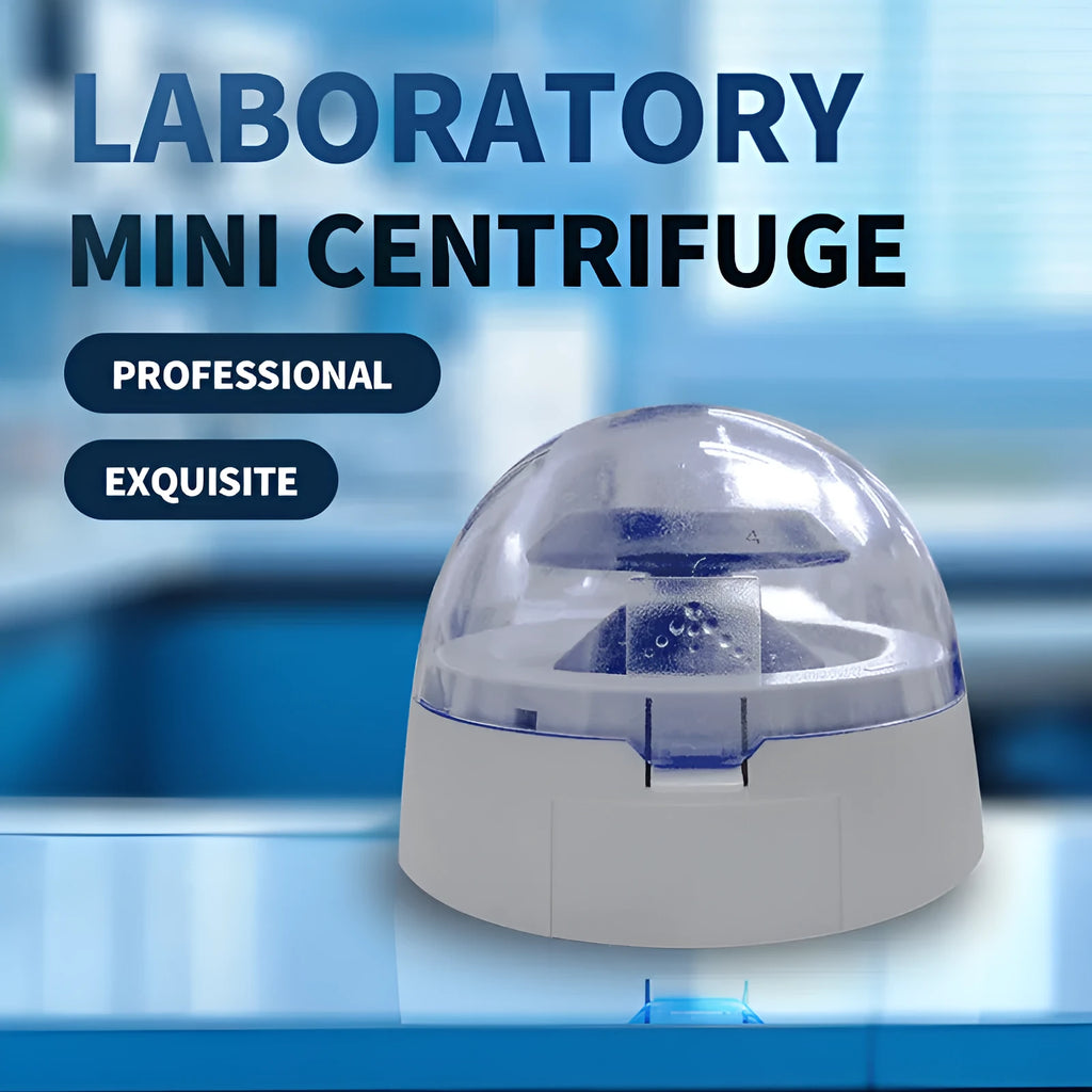 Small white mini laboratory centrifuge with digital display on a benchtop.