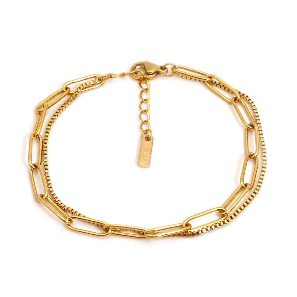 Double layer twin titanium steel bracelet with geometric lines in gold or silver finish
