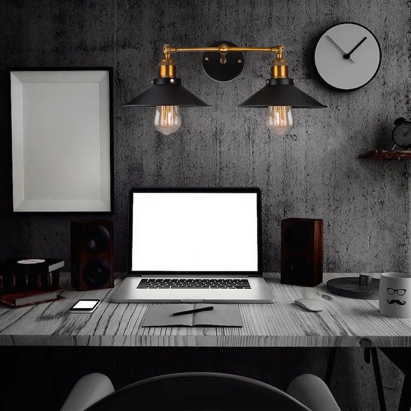 Black iron industrial wall lamp with double head retro design for corridor living room bedroom