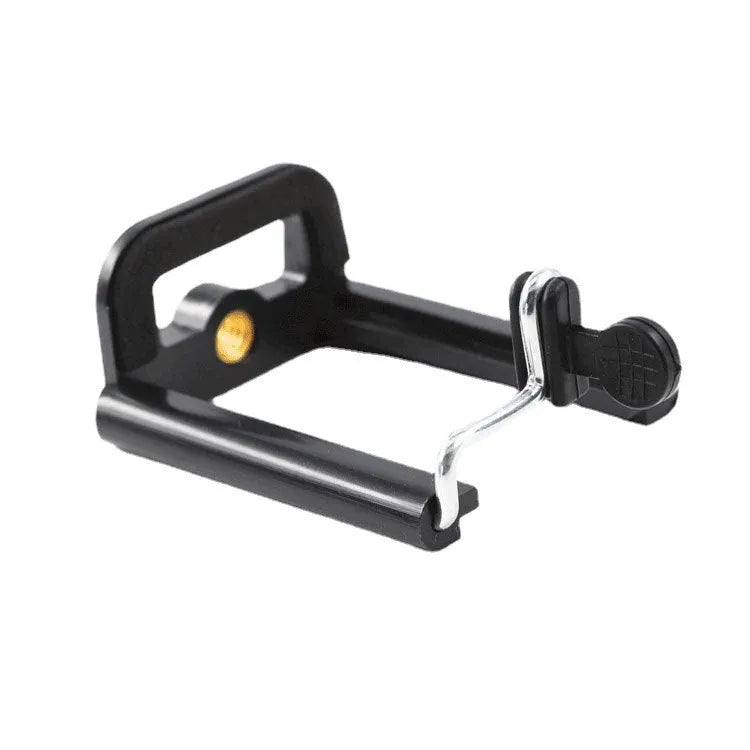 Black plastic U-clip mobile phone holder for mounting on tubes and pipes.