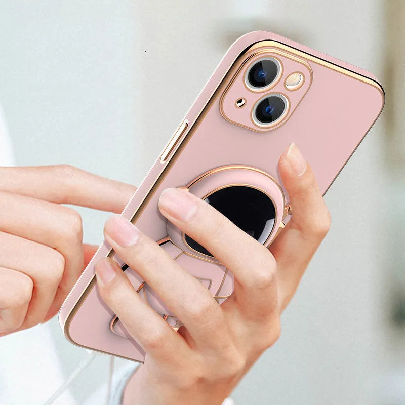 3D astronaut anti-drop TPU phone case with electroplating bracket for iPhone, light cyan colour