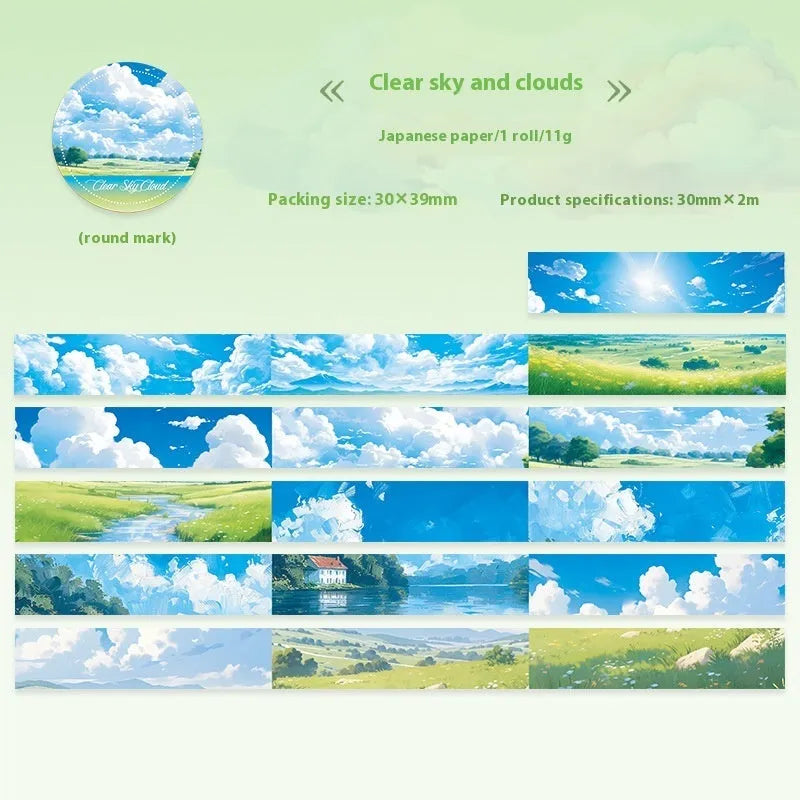 Japanese paper sky theme washi tape showing six colour variations including twilight and moonlight sky patterns