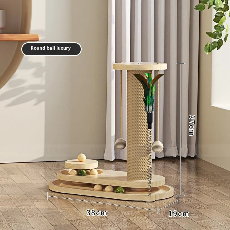 Solid wood cat scratching post with a rotating turntable, shown in a basic big flower style