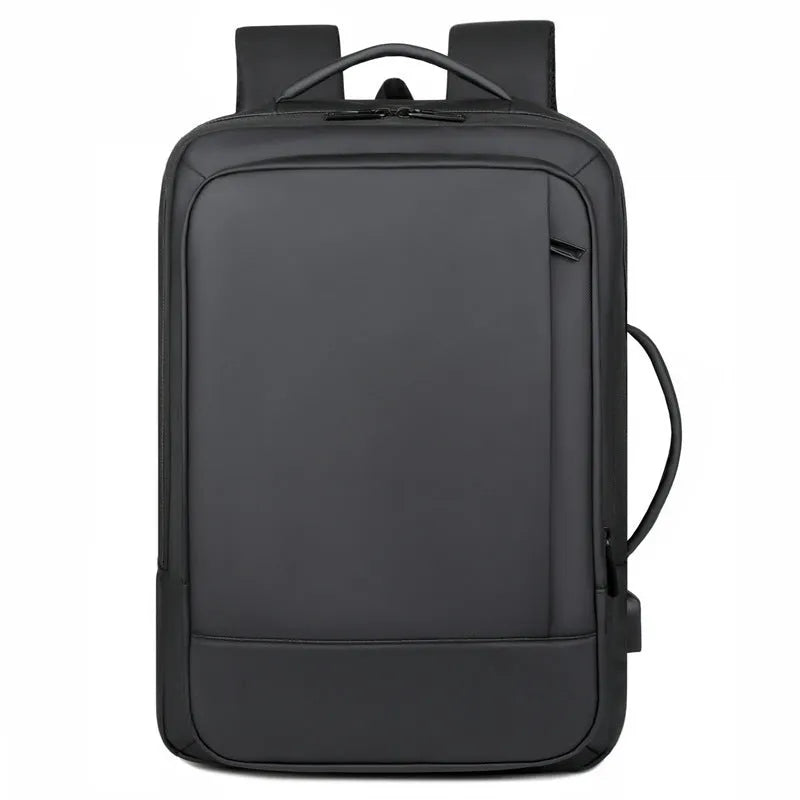Black or grey large waterproof oxford cloth backpack with curved shoulder straps.