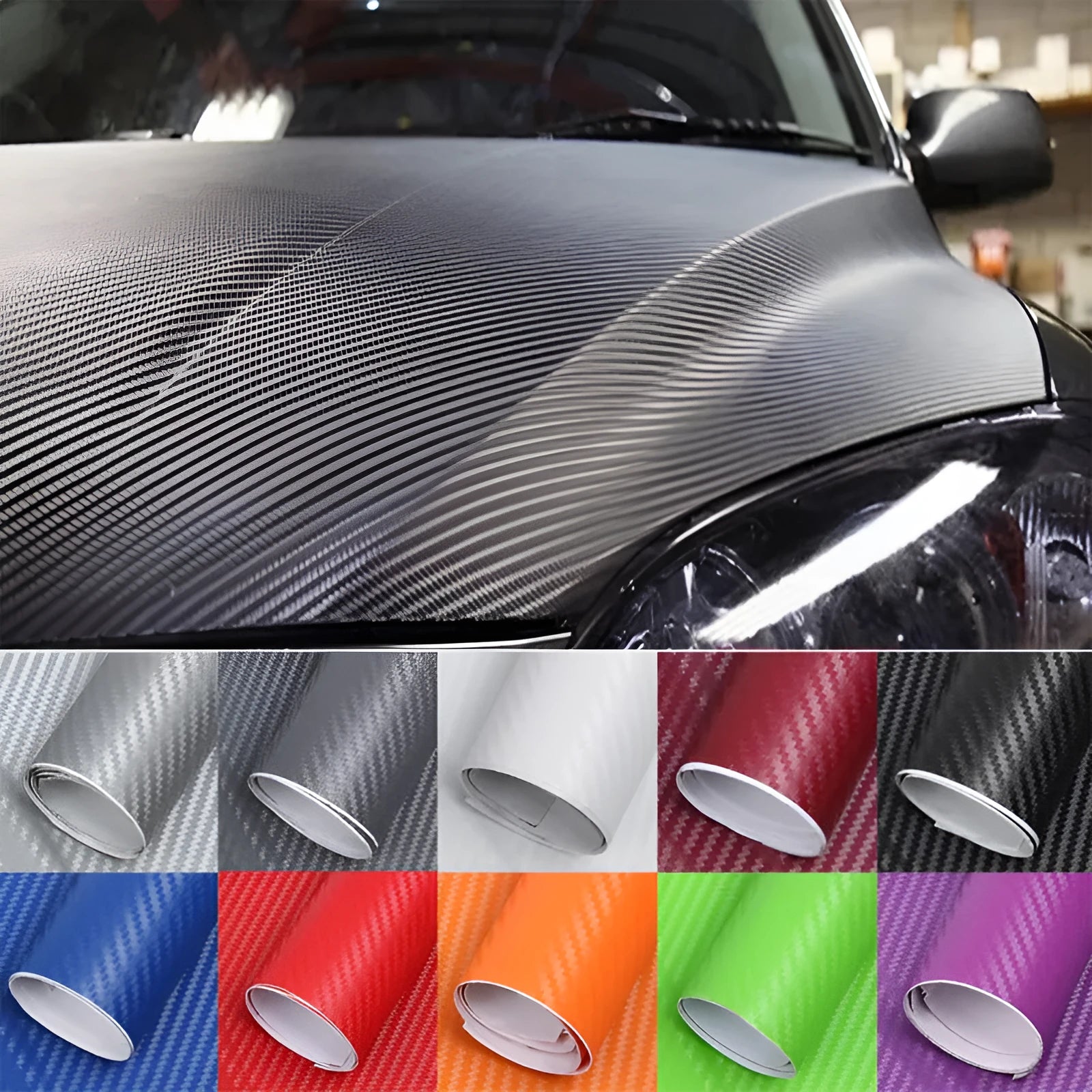 Roll of 3D carbon fibre pattern vinyl sticker for cars, showing multiple colour options.