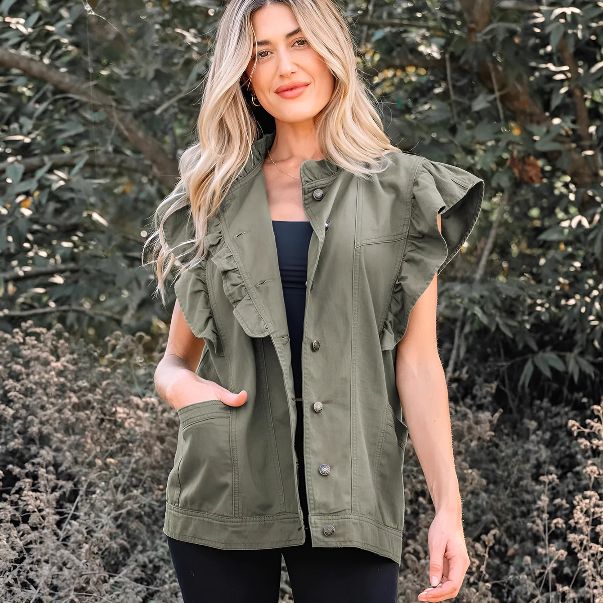 Green Bay women cotton ruffled patchwork denim jacket vest lightweight layering piece