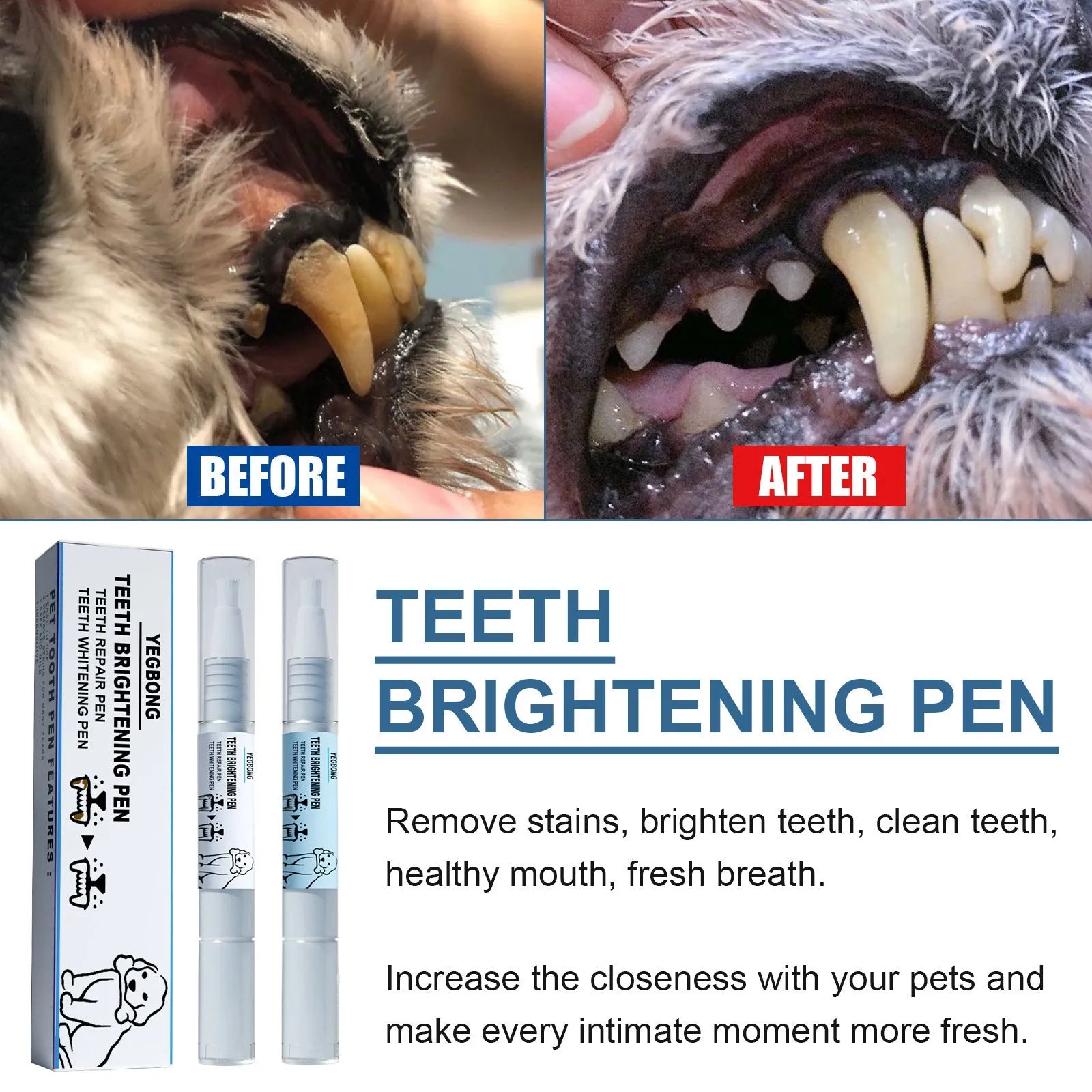 Pet teeth whitening pen and dental brushes for dog and cat tartar control