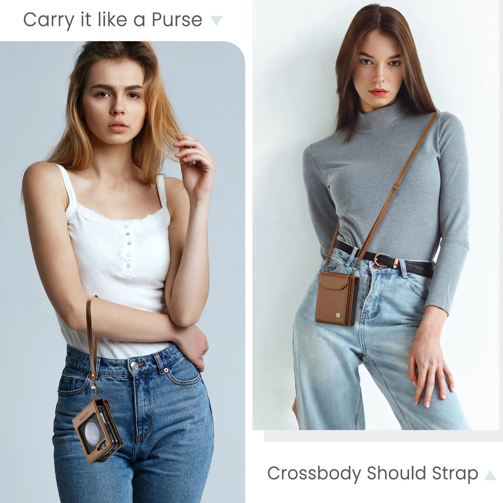 Folding three-in-one PU leather phone case for Samsung Z Flip 5 and Z Flip 6 with bracket and crossbody lanyard, shown in multiple colours