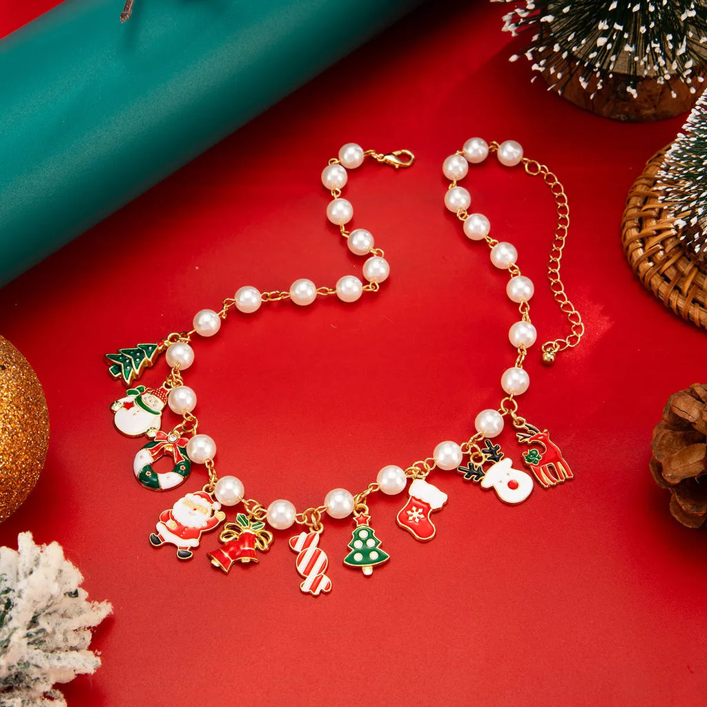 Gold Christmas tree candy snowman pendant necklace on clavicle chain for women