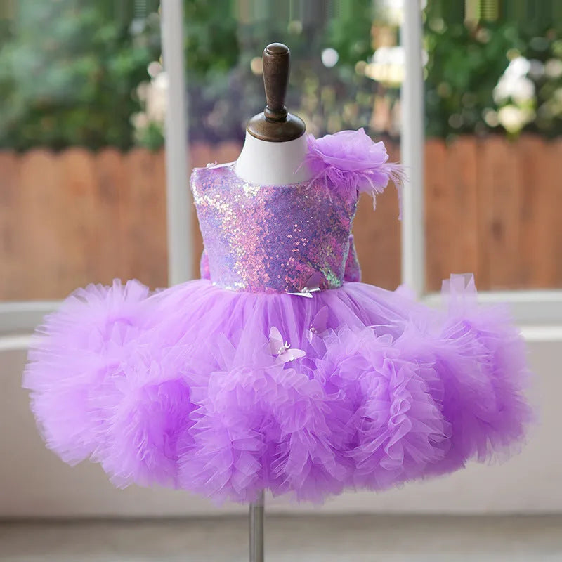 Spring colorful sequined girl's small host dress in taro purple with polyester lining