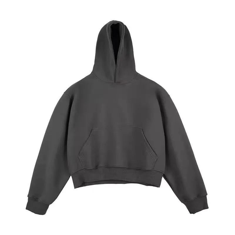 Dark grey Chinese cotton velvet hooded sweatshirt with a removable hood on a hanger.