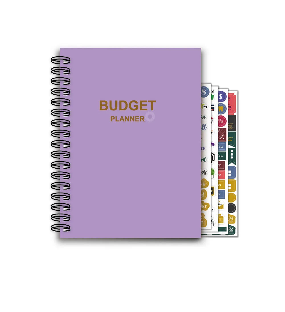 Purple A4 coil notebook for financial planning with budget pages, pen and accessories