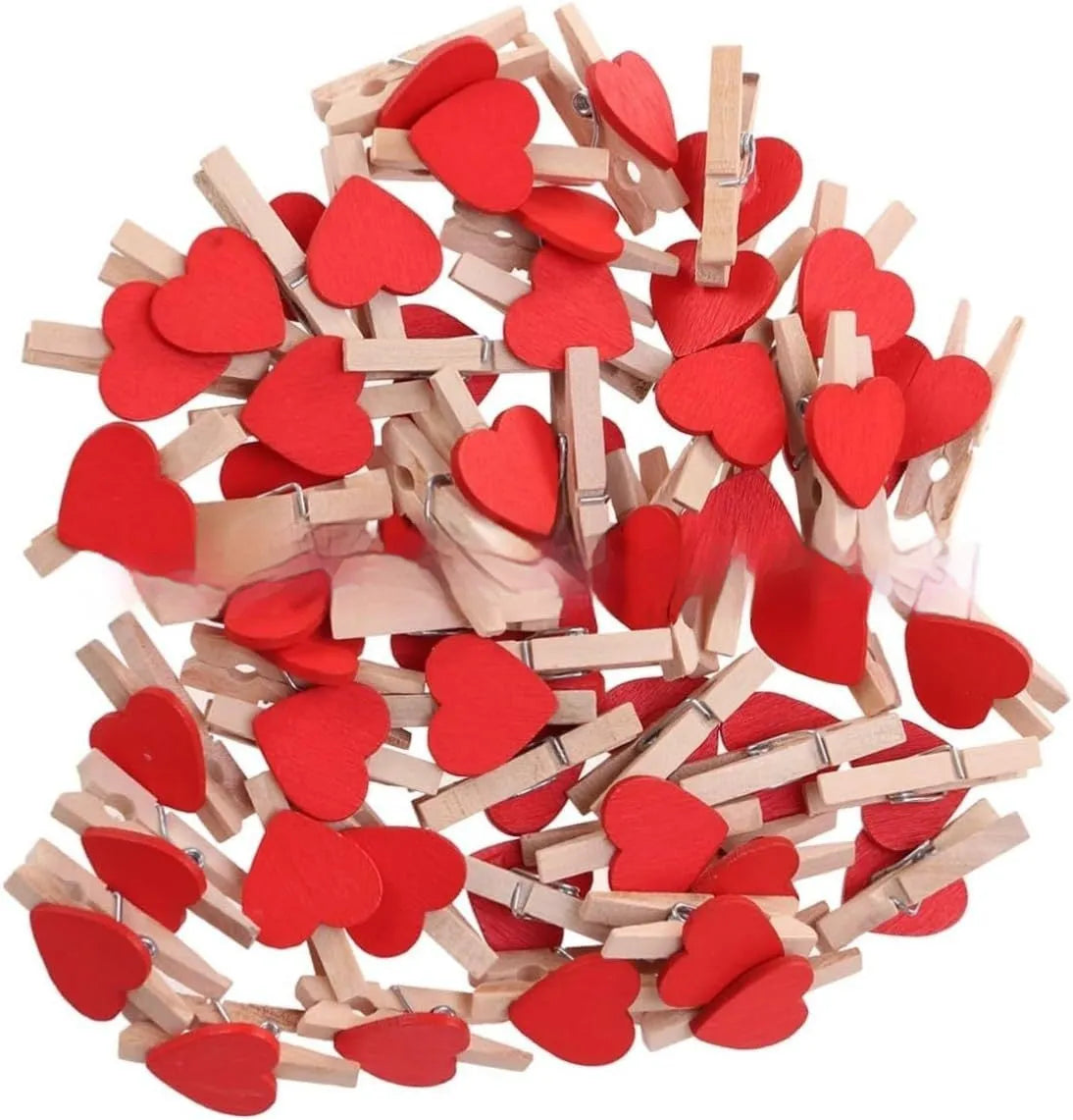 Set of five handmade wooden heart-shaped decorative clips in assorted colours.