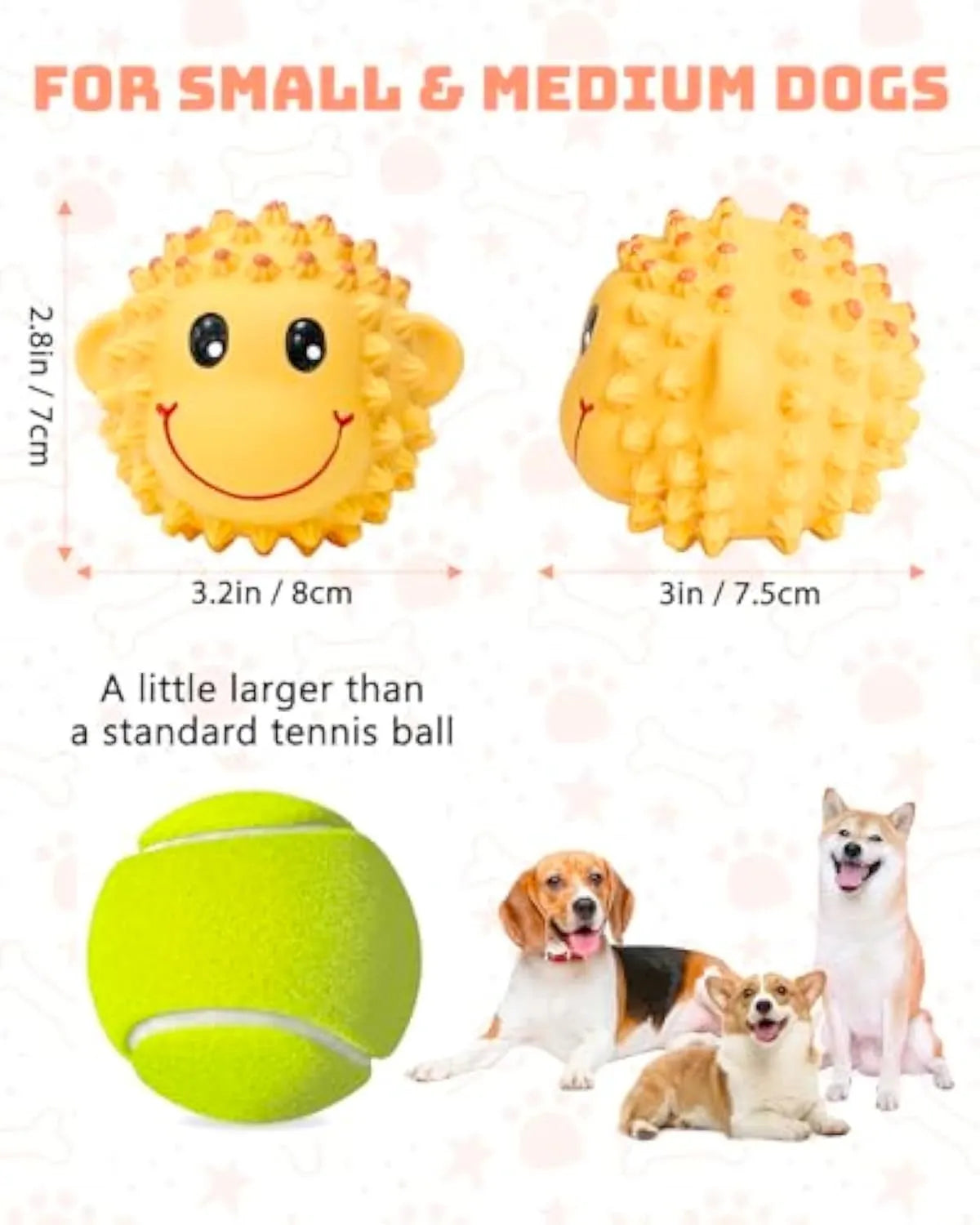 Orange and yellow spiky latex squeaky dog toy ball for small medium breeds