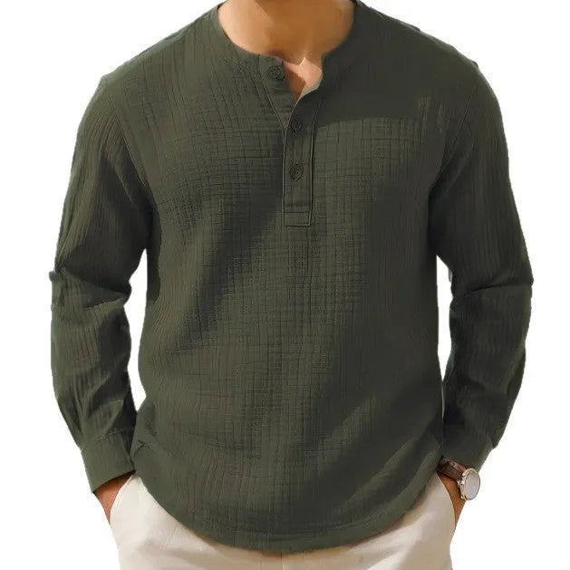 Slim fit long sleeve men's T-shirt in a linen blend fabric, shown in army green colour.