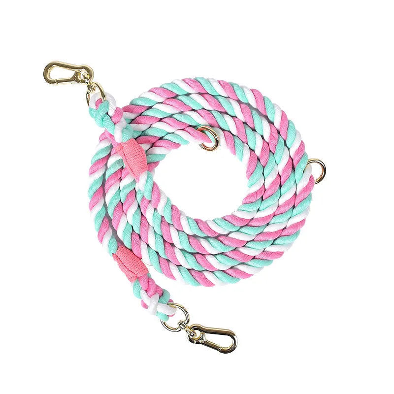Woven rainbow pattern double-headed dog leash with metal fittings shown alongside mint green and blue purple colour options