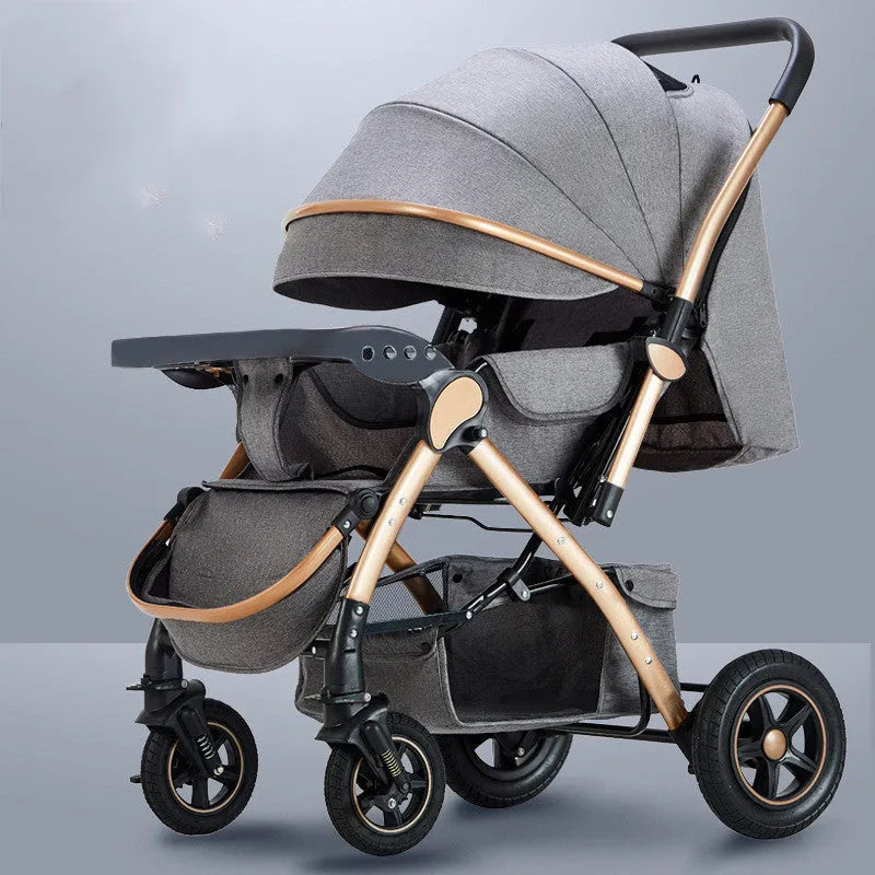 Reversible baby stroller with steel frame, four shock-absorbent wheels, and large storage plate in sky blue colour