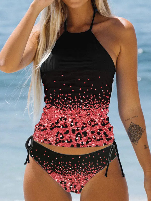 Women's gradient tether high waist backless split bikini set in polyester, top and pants, sizes S to 2XL