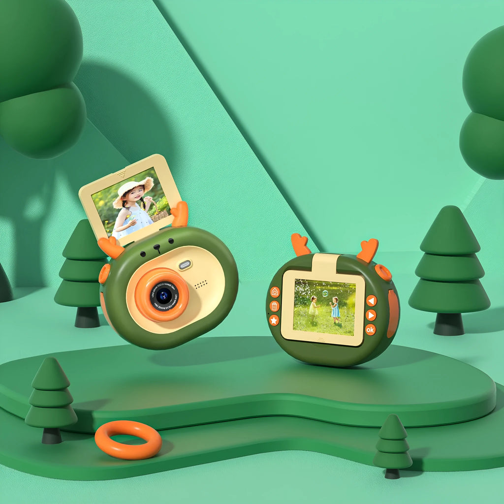 Purple children's digital camera with flip screen and attached silicone case lanyard on a cartoon map.